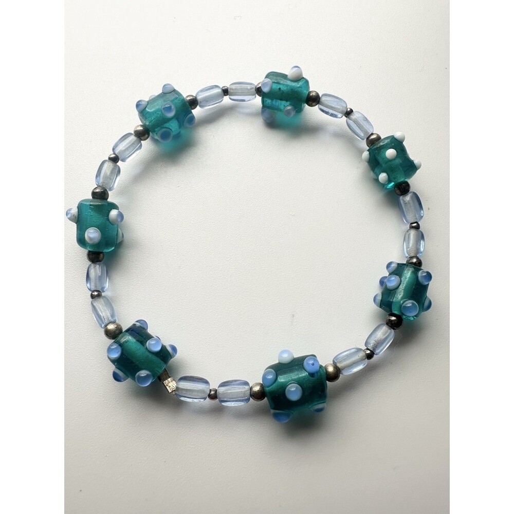 Sterling Silver Art Glass Bead Stretch Bracelet Polka Dots 7.5”